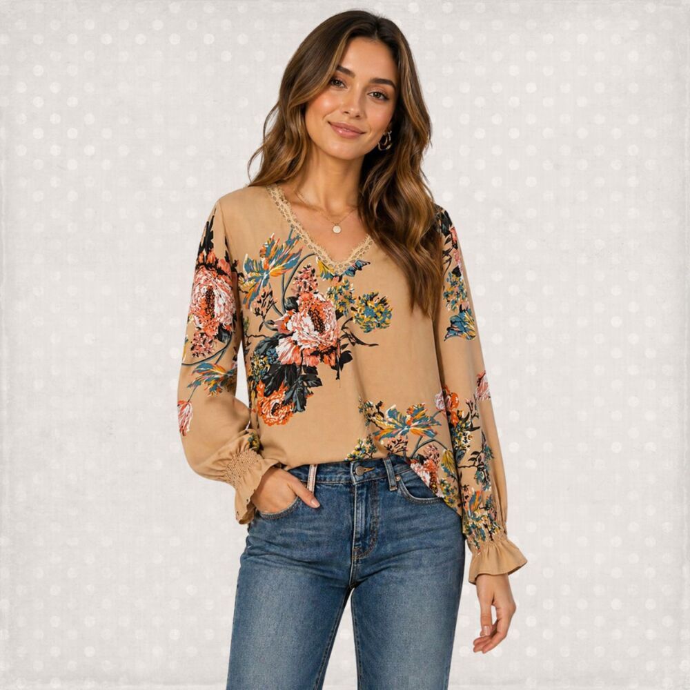 Women's Floral Long-Sleeve Blouse with Lace Neckline Tan Size L
